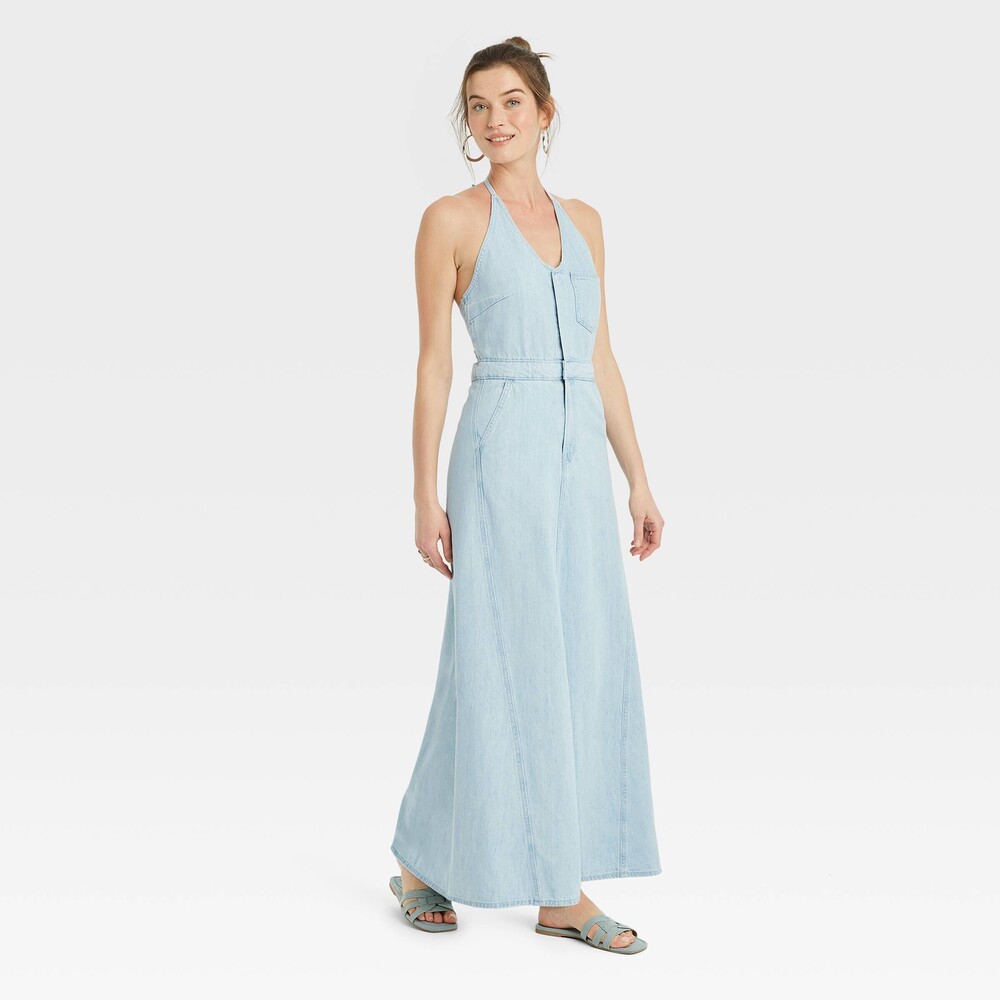 Halter Neck Denim Maxi Dress - Blue 4 NWT